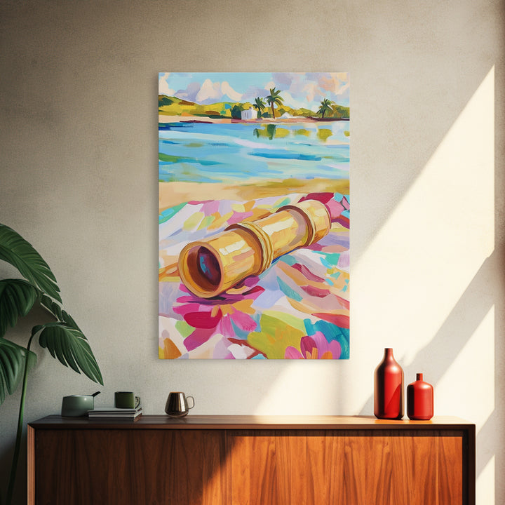 Brass Telescope On Tropical Beach Towel Wall Art, Colorful Coastal Canvas, Summer Travel Decor, Beach House Living Room Print
