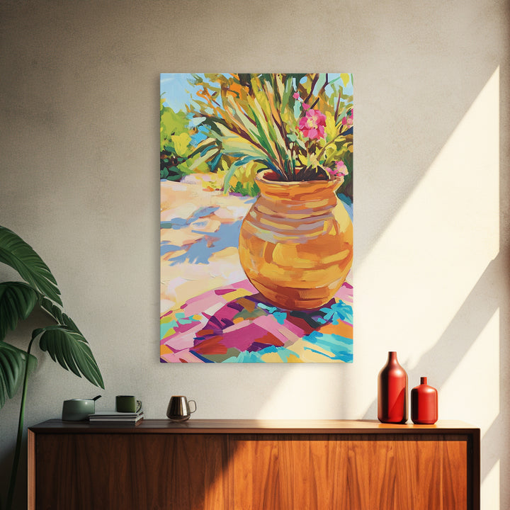 Terracotta Pot With Tropical Garden Plants Framed Canvas Print, Colorful Botanical Wall Art, Boho Patio Decor, Housewarming Gift