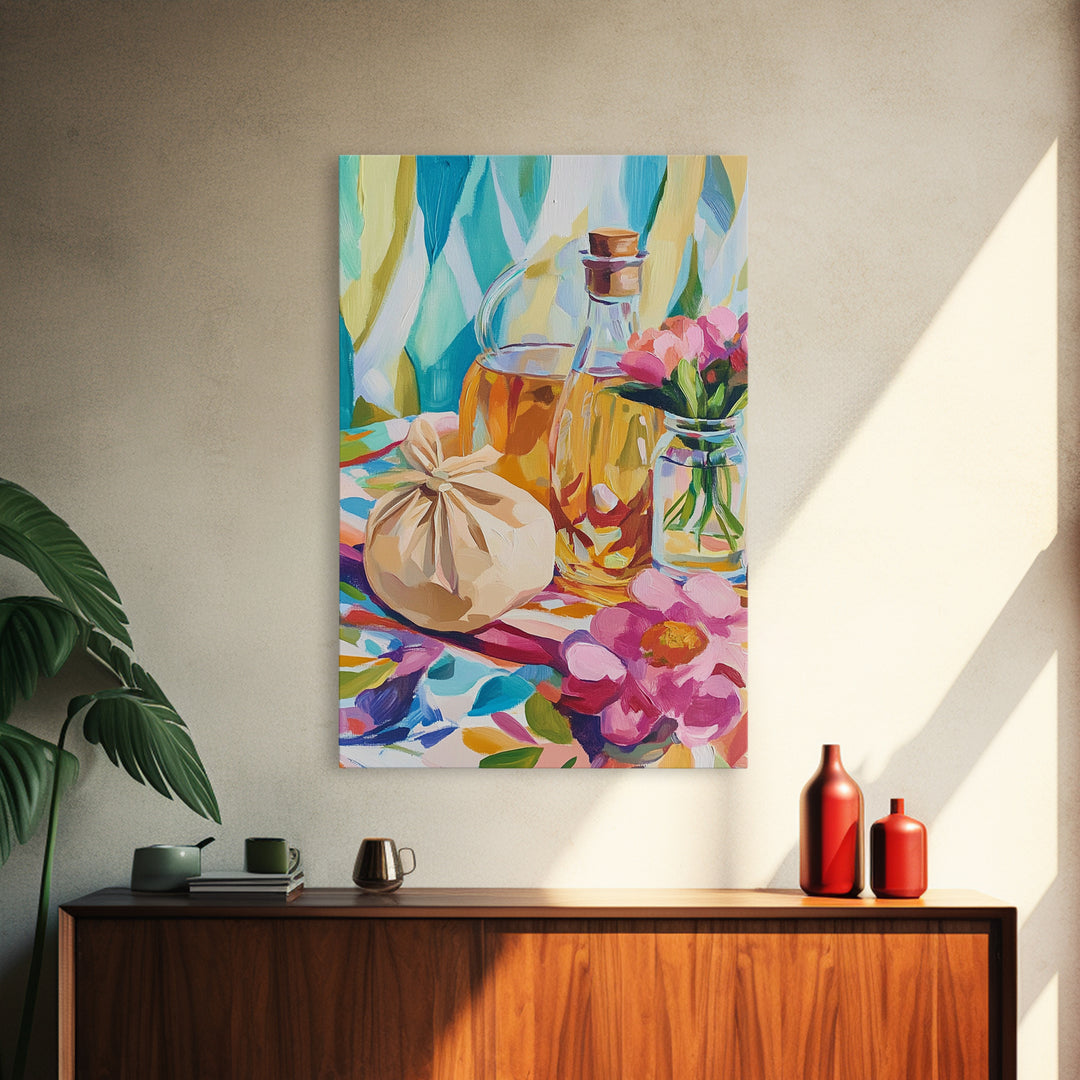 Olive Oil Bottles And Garlic Still Life Canvas Print, Colorful Kitchen Wall Art, Mediterranean Decor, Foodie Housewarming Gift