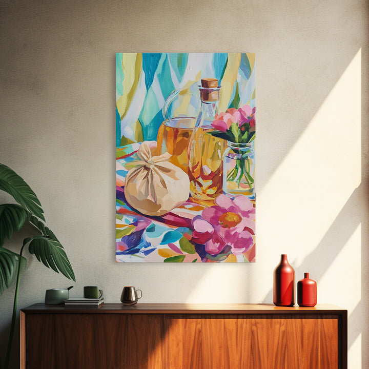 Olive Oil Bottles And Garlic Still Life Canvas Print, Colorful Kitchen Wall Art, Mediterranean Decor, Foodie Housewarming Gift