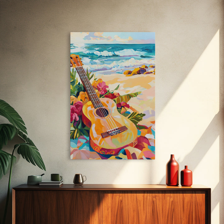 Tropical Guitar On Sunny Beach Canvas Print, Coastal Wall Art, Ocean Music Decor, Beach House Gift For Music Lover, Living Room Wall Art