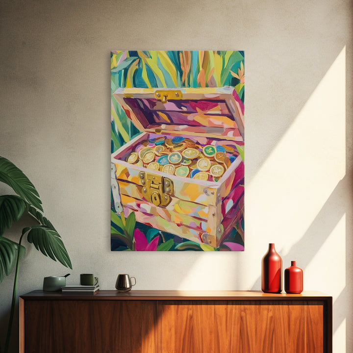 Jungle Treasure Chest Canvas Print, Gold Coin Adventure Wall Art, Tropical Home Decor, Safari Nursery Decor, Unique Gift
