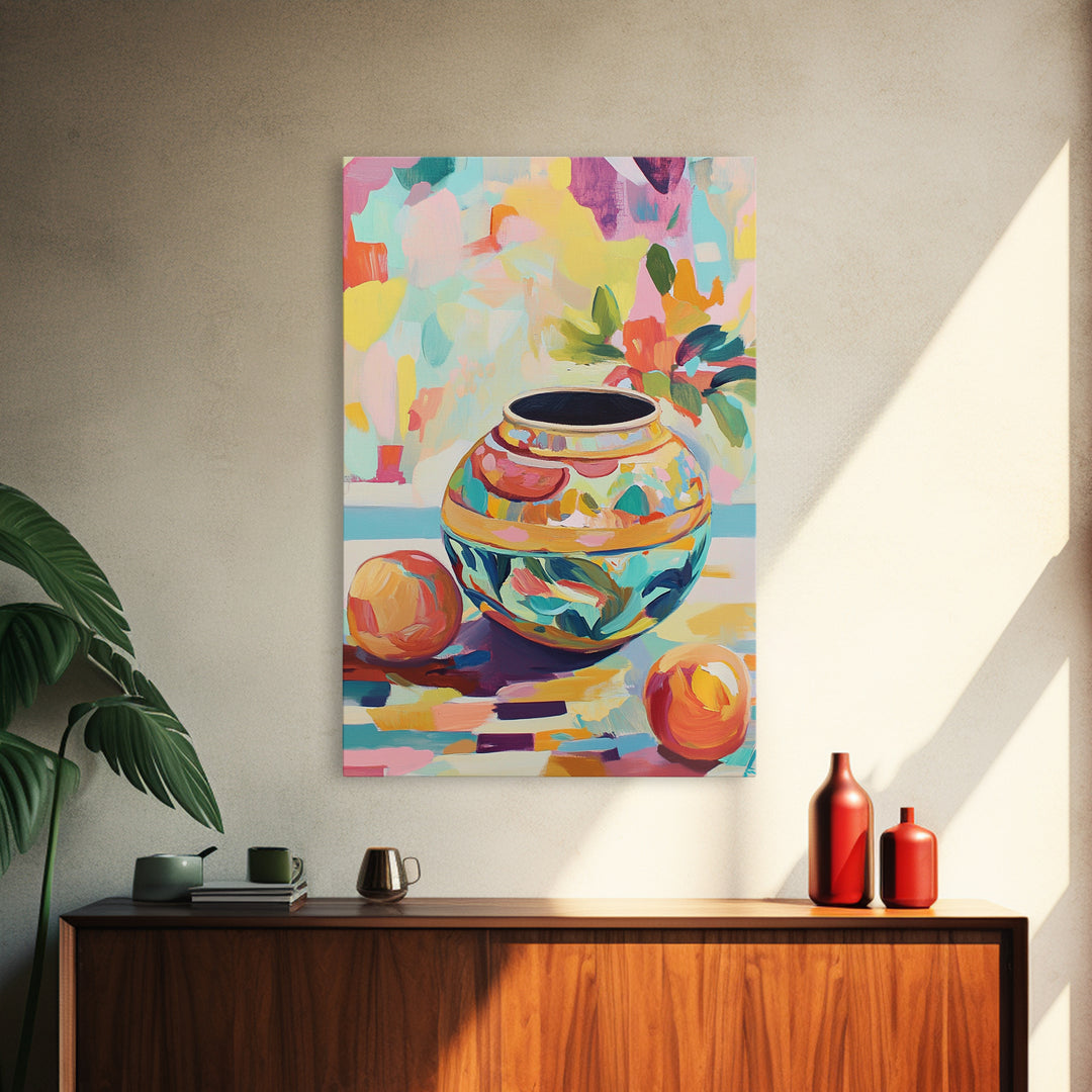 Colorful Ceramic Vase Still Life Wall Art, Fruit And Flower Canvas Print, Eclectic Home Decor, Kitchen Art, Housewarming Gift