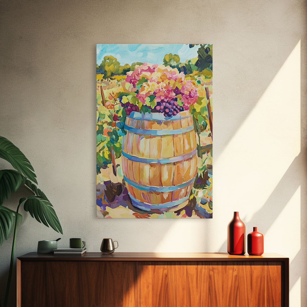 Wine Barrel With Grapes And Hydrangeas Framed Canvas Print, Vineyard Wall Art, Rustic Kitchen Decor, Wine Lover Gift, Home Decor