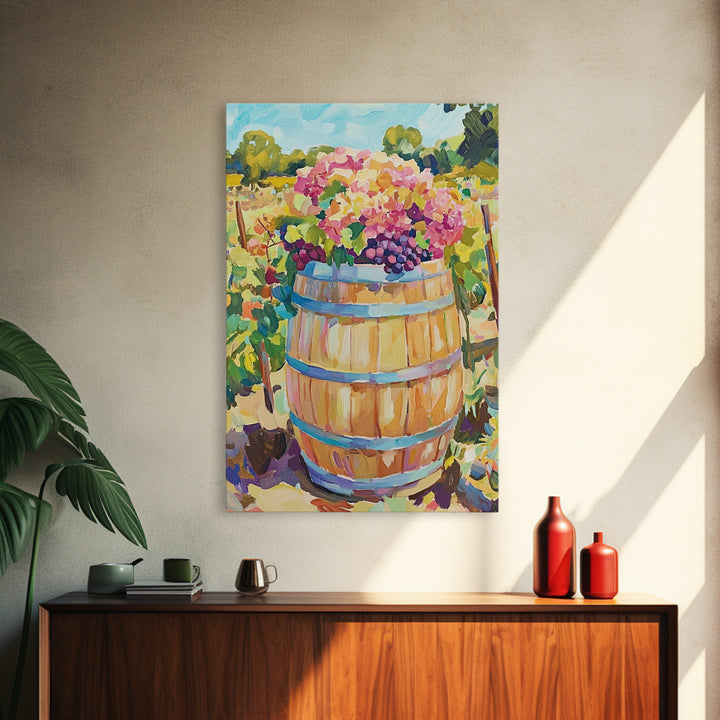 Wine Barrel With Grapes And Hydrangeas Framed Canvas Print, Vineyard Wall Art, Rustic Kitchen Decor, Wine Lover Gift, Home Decor