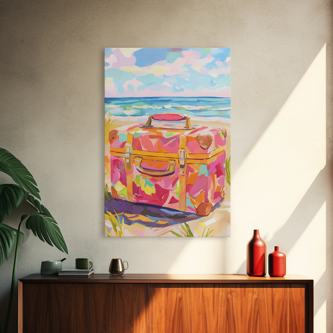 Floral Suitcase On Sunny Beach Canvas Print, Coastal Wall Art, Beach House Decor, Travel Poster, Summer Gift For Her, Ocean Wall Decor