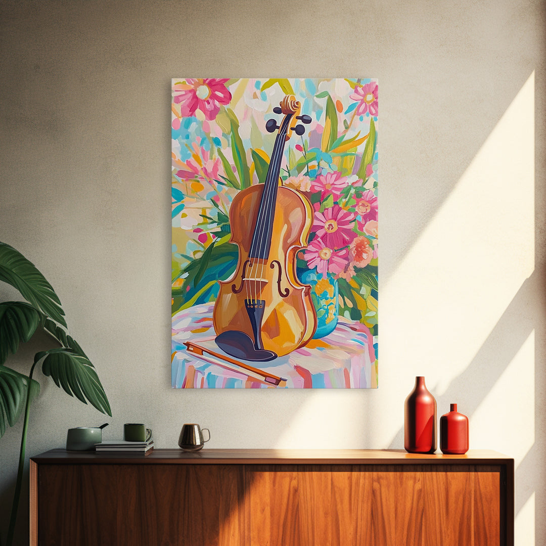 Violin With Pink Garden Flowers Framed Canvas Print, Music Wall Art, Floral Wall Decor, Gift For Music Lover, Fine Art Print