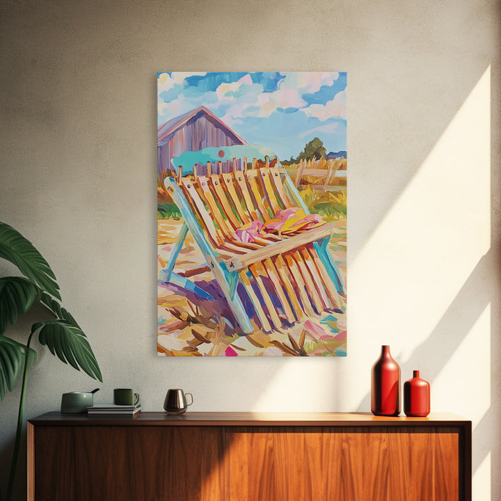 Striped Beach Chair By Rustic Barn Framed Canvas Print, Coastal Farmhouse Wall Art, Summer Patio Decor, Beach House Gift