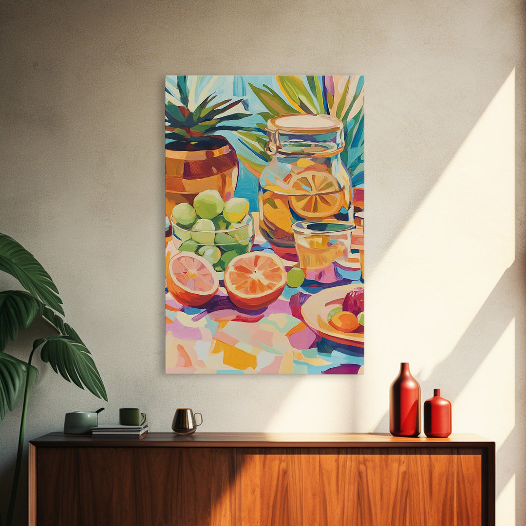 Sunlit Citrus Jar With Limes And Grapefruit Canvas Print, Colorful Kitchen Wall Art, Tropical Home Decor, Food Art Print