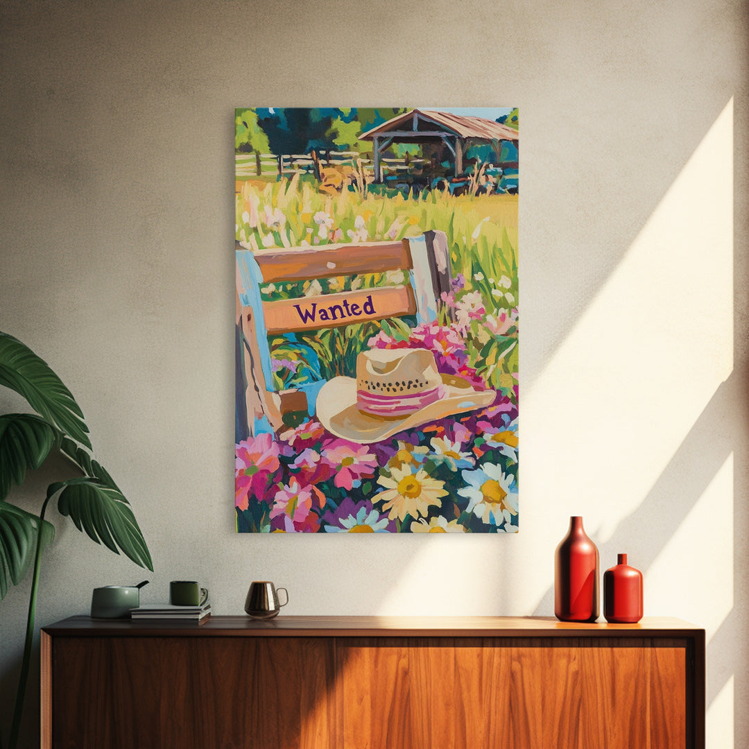 Cowboy Hat Wanted Bench Wall Art, Western Wildflower Farm Decor, Rustic Ranch Canvas Print, Country Housewarming Gift, Wall Decor