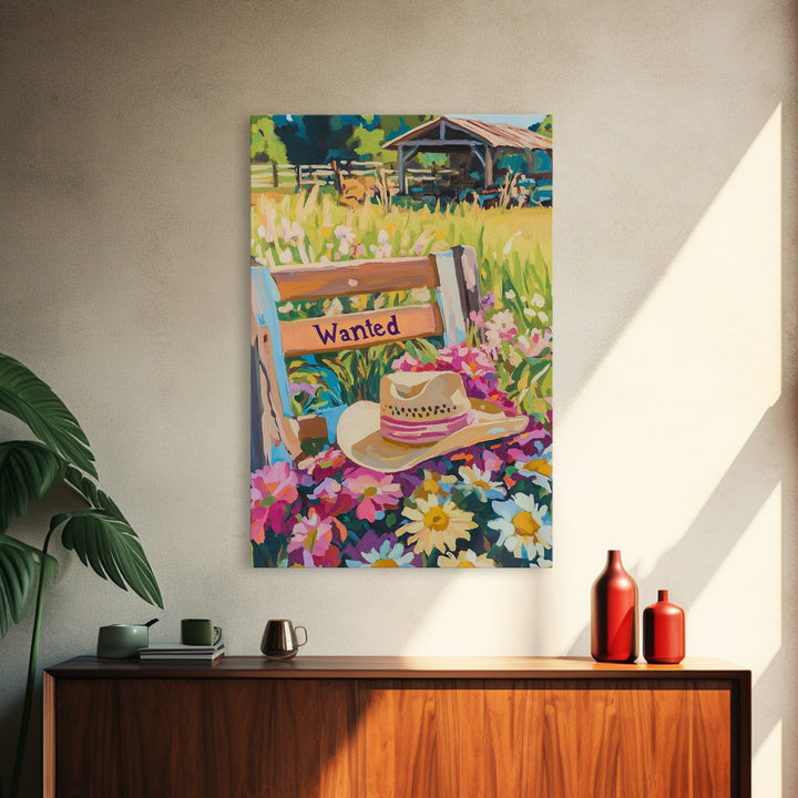 Cowboy Hat Wanted Bench Wall Art, Western Wildflower Farm Decor, Rustic Ranch Canvas Print, Country Housewarming Gift, Wall Decor
