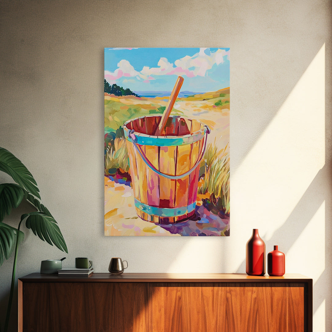 Wooden Beach Bucket And Dunes Wall Art, Coastal Canvas Print, Nautical Beach House Decor, Summer Seascape Gift, Ocean Wall Decor