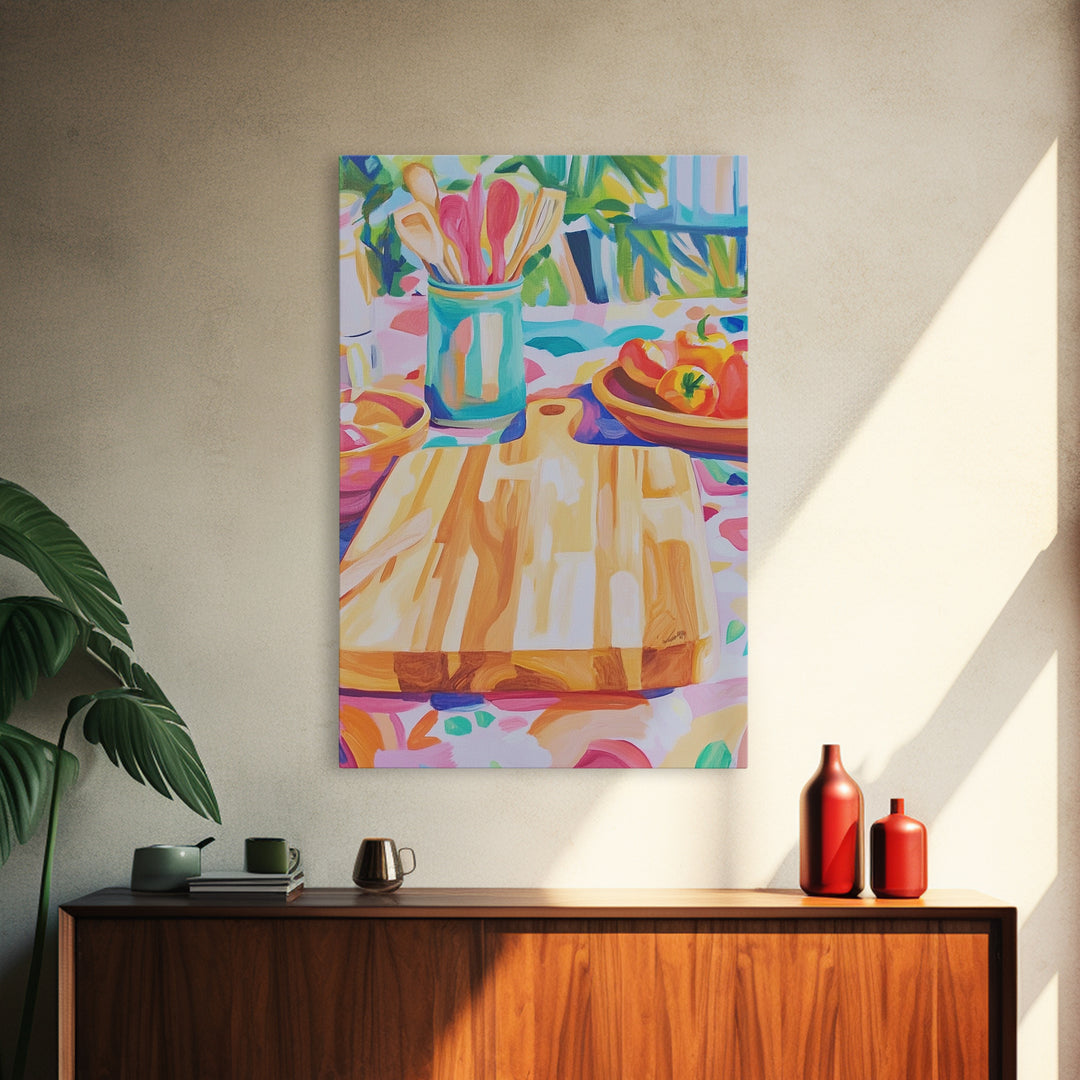 Sunlit Cutting Board Kitchen Wall Art, Colorful Tomato Still Life Canvas Print, Farmhouse Kitchen Decor, Food Lover Gift