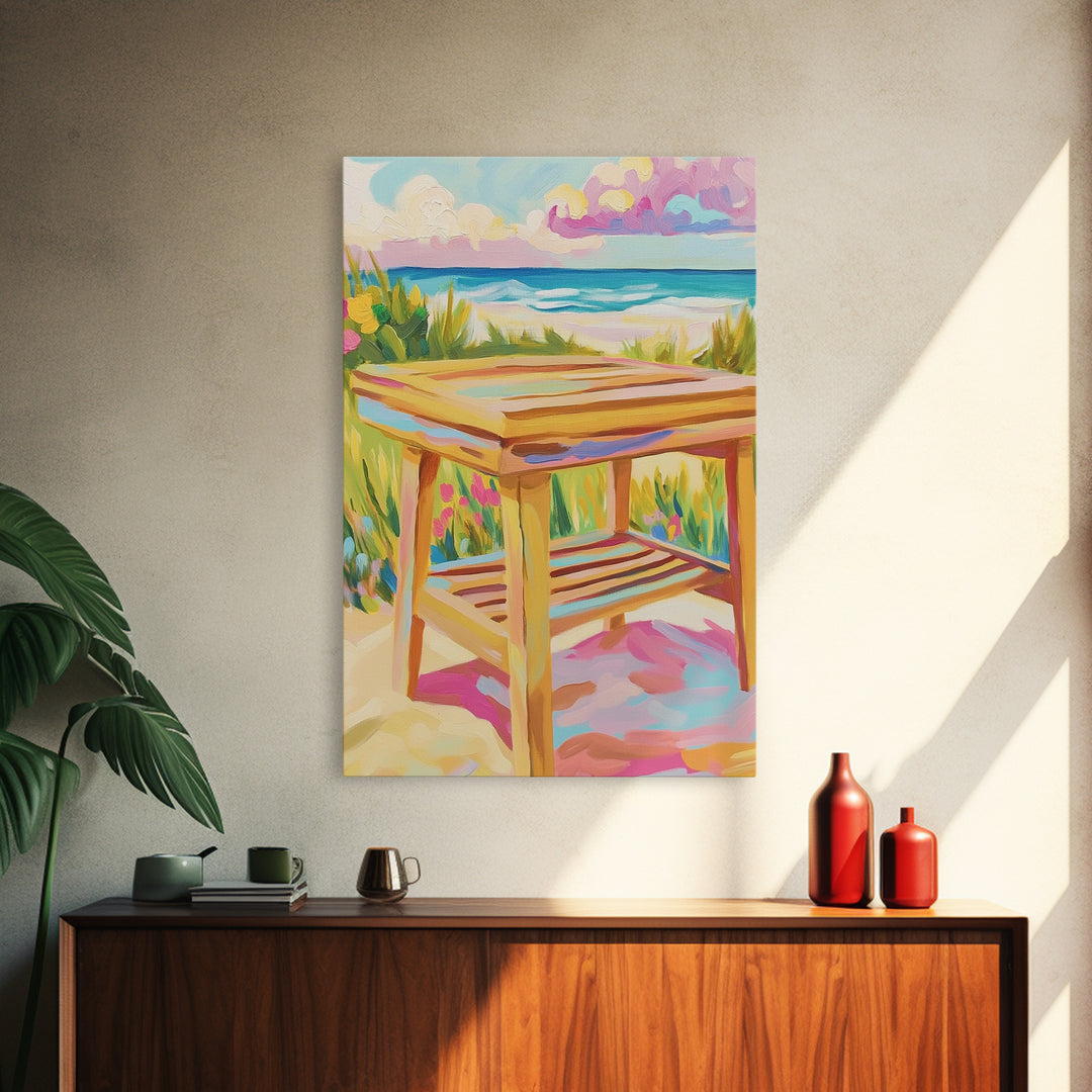 Sunny Beachside Wooden Table Canvas Print, Coastal Wall Art, Ocean Landscape Decor, Beach House Decor, Housewarming Gift