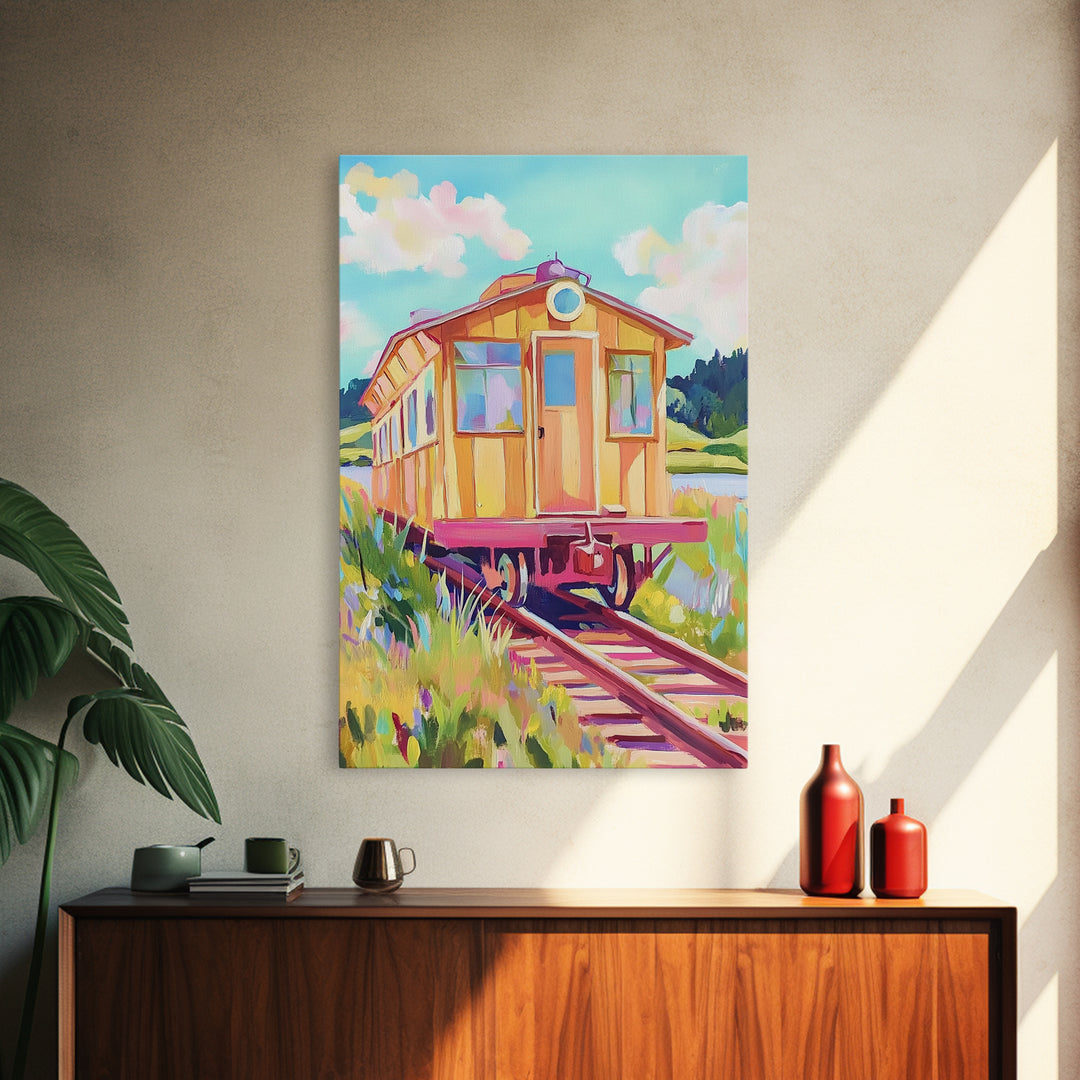 Yellow Railcar On Meadow Tracks Wall Art, Whimsical Travel Poster, Colorful Landscape Canvas Print, Eclectic Home Decor Gift