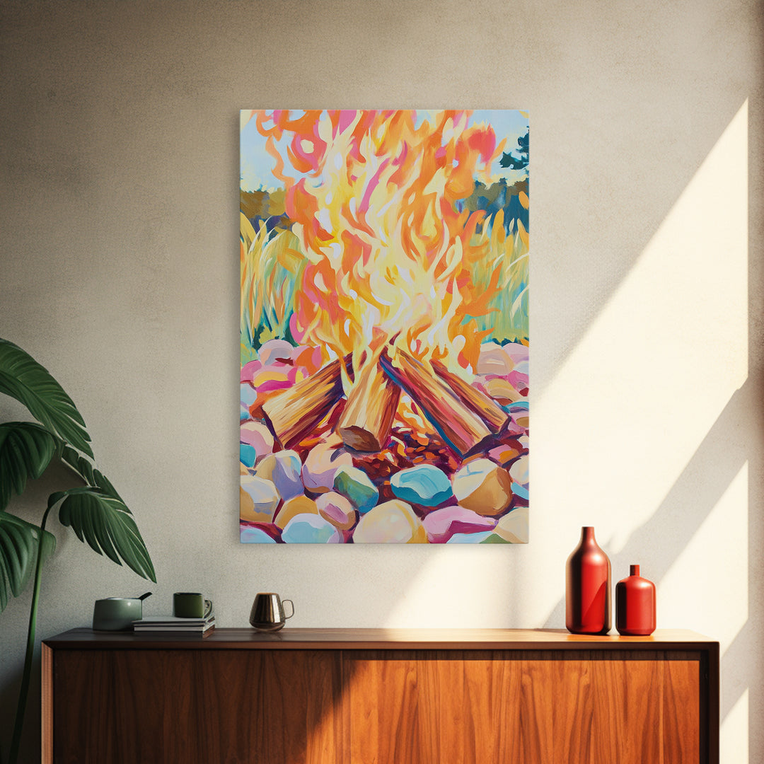 Vibrant Campfire With Painted River Stones Canvas Print, Cozy Wall Art, Cabin Decor, Rustic Outdoor Home Decor Gift For Him