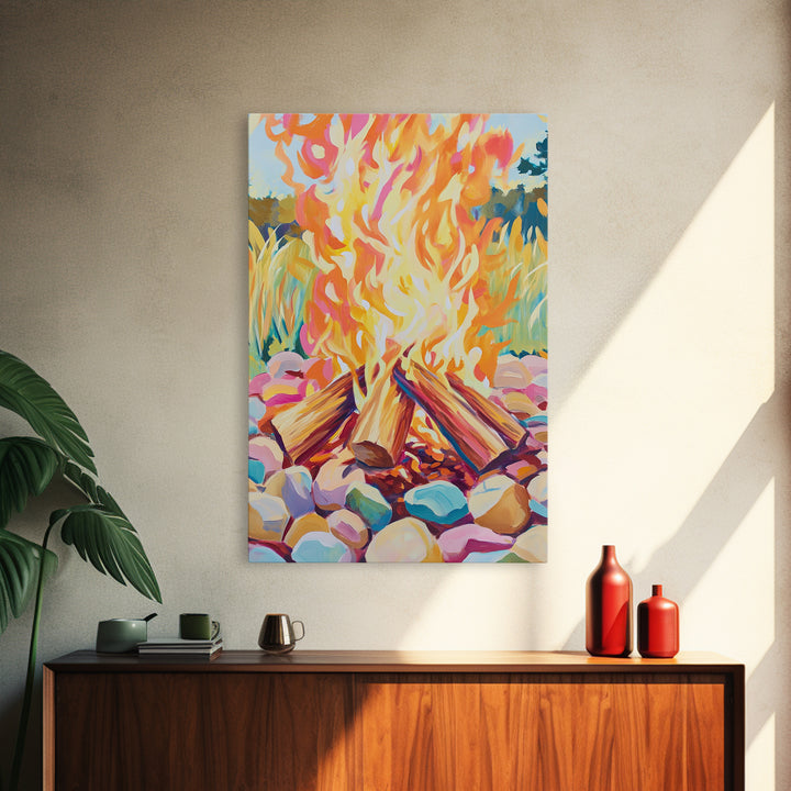Vibrant Campfire With Painted River Stones Canvas Print, Cozy Wall Art, Cabin Decor, Rustic Outdoor Home Decor Gift For Him