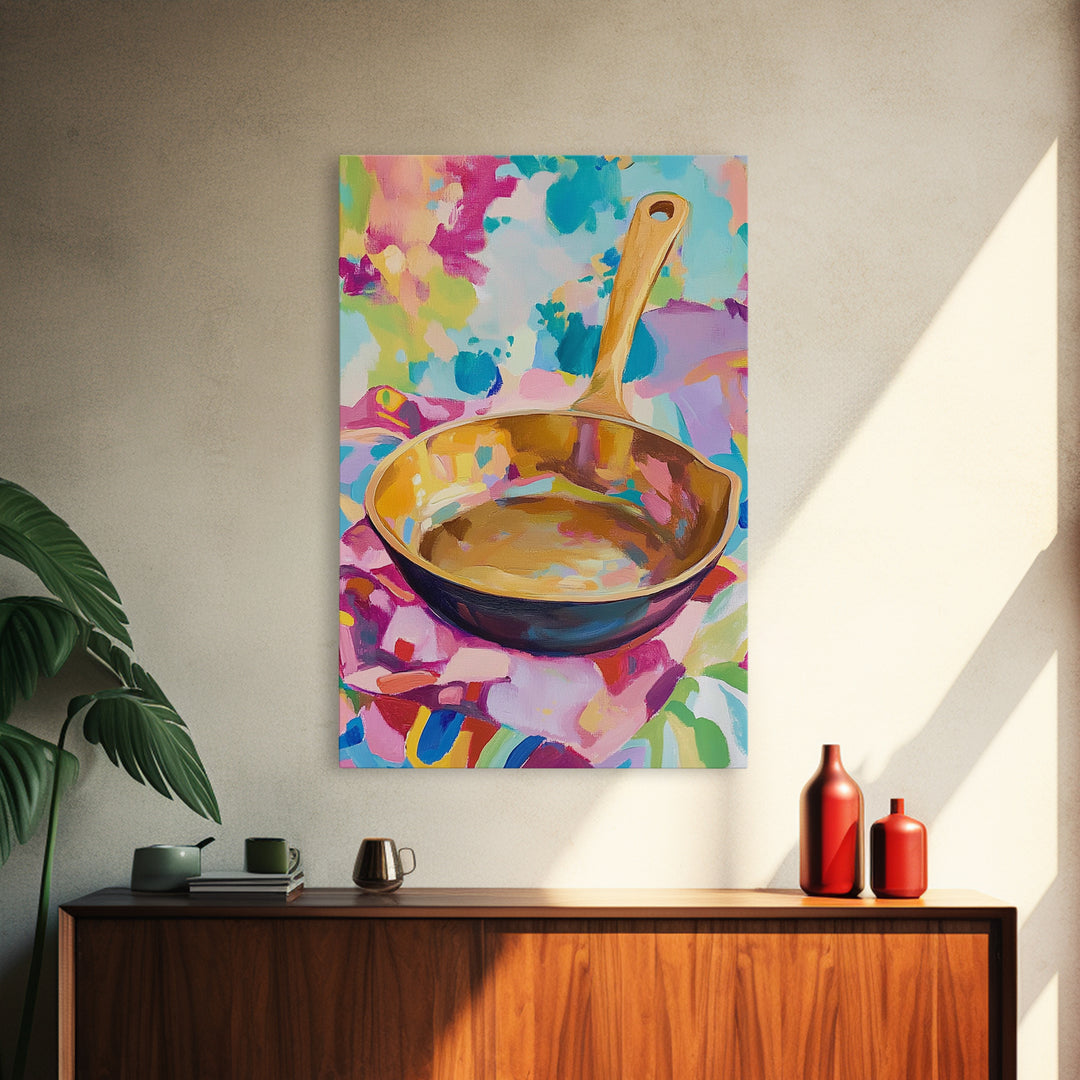 Golden Skillet Pan On Bright Cloth Canvas Print, Colorful Kitchen Wall Art, Foodie Home Decor, Housewarming Gift, Art Print