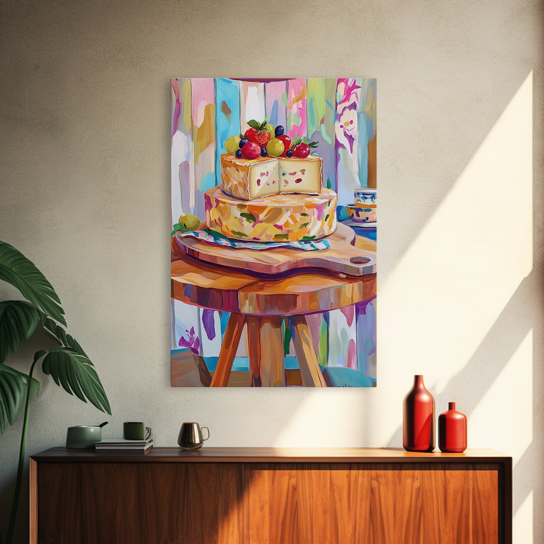 Cheese Board Still Life With Berries Canvas Print, Colorful Kitchen Wall Art, Eclectic Home Decor, Foodie Housewarming Gift