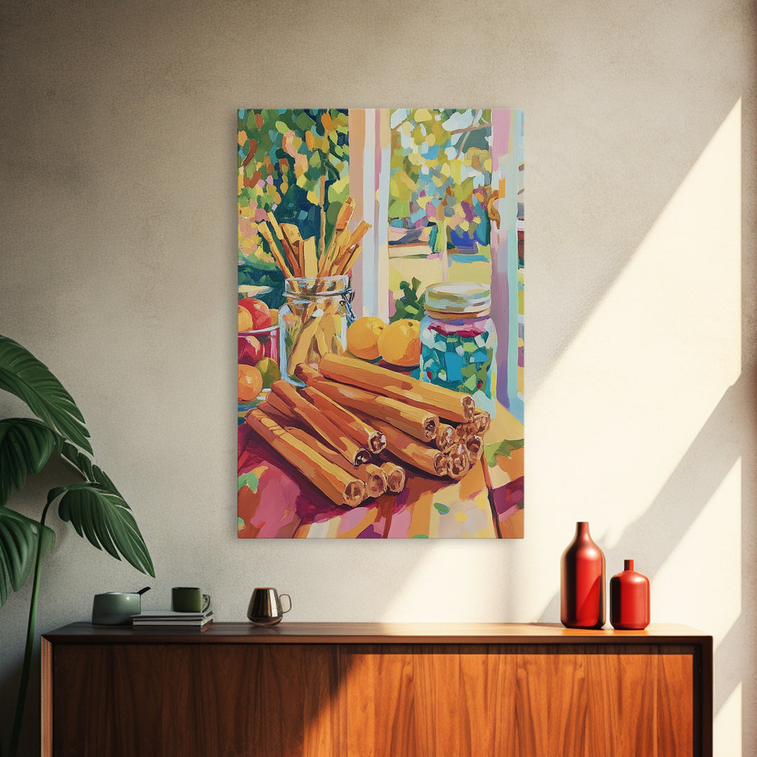 Cinnamon Sticks By Sunny Window Canvas Print, Colorful Kitchen Wall Art, Rustic Farmhouse Decor, Cozy Foodie Housewarming Gift