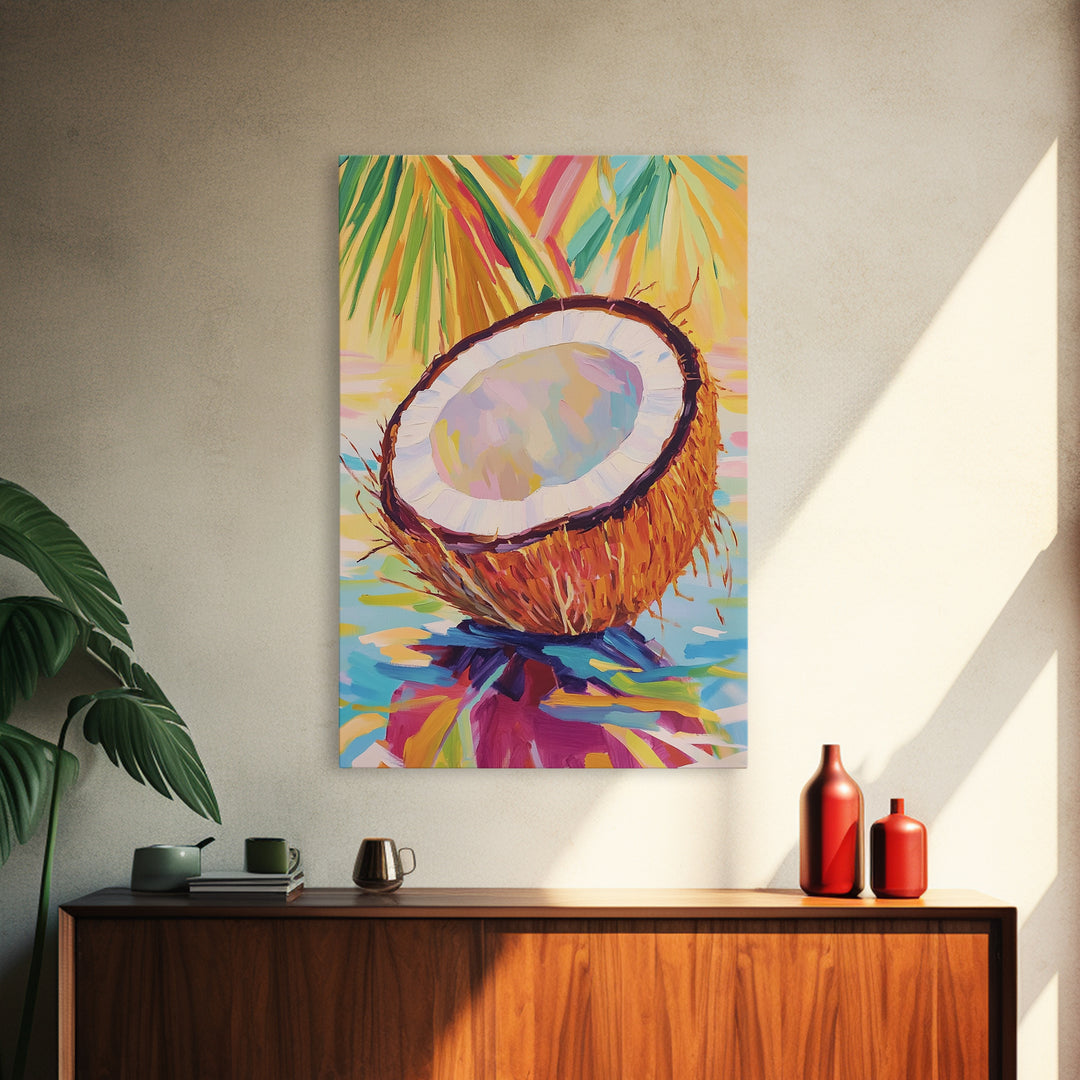 Tropical Coconut Half With Palm Leaves Canvas Print, Coastal Wall Art, Beach House Decor, Colorful Kitchen Art, Summer Gift