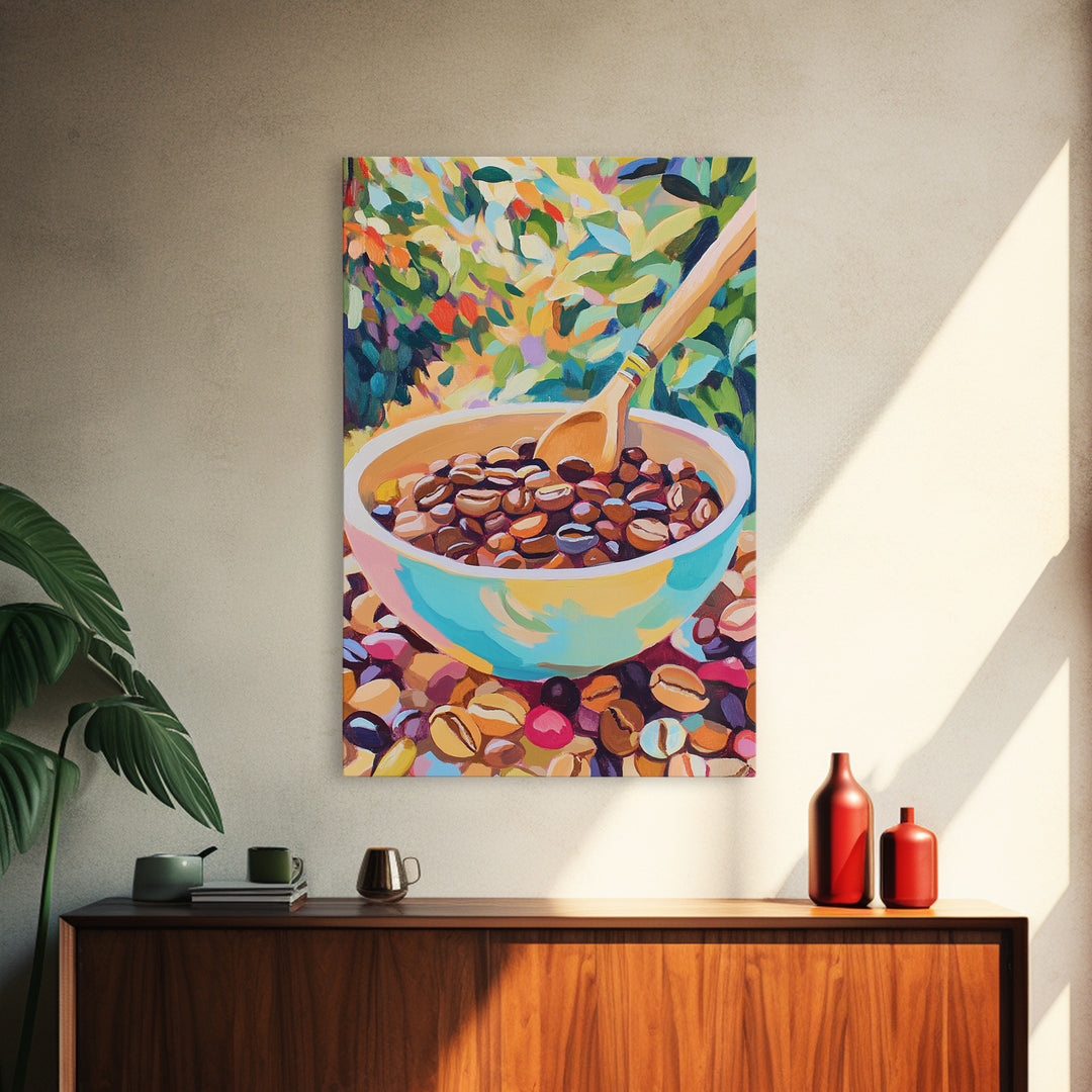 Vibrant Coffee Beans In Ceramic Bowl Canvas Print, Kitchen Wall Art, Coffee Bar Decor, Cafe Poster, Foodie Housewarming Gift