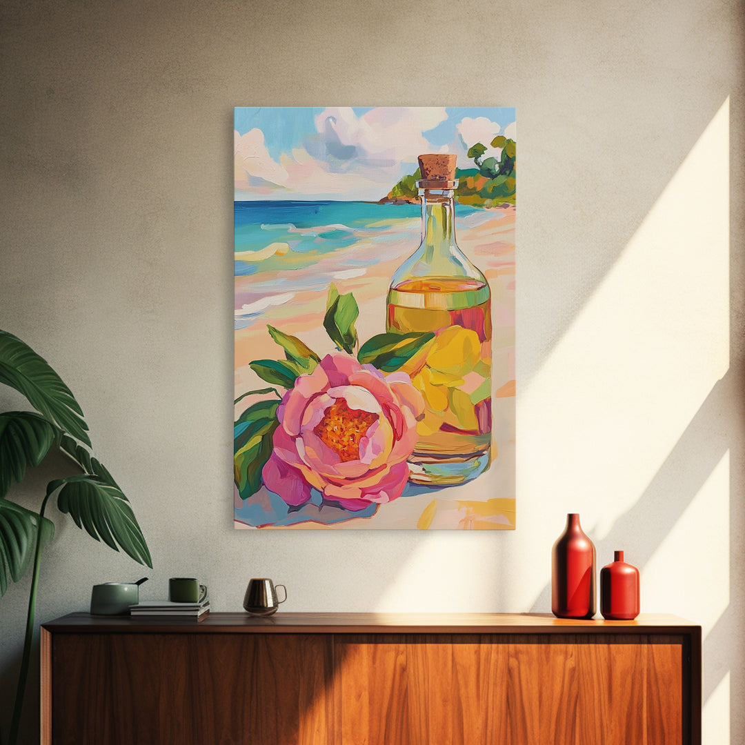 Beach Flower And Glass Bottle Canvas Print, Coastal Wall Art, Tropical Home Decor, Ocean Wall Decor, Summer Kitchen Art Print