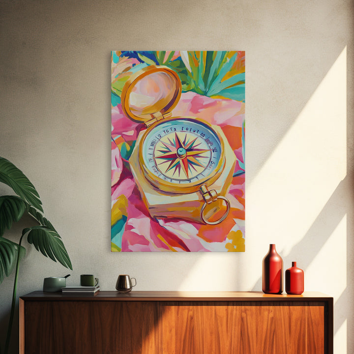 Golden Compass On Pink Tropical Cloth Canvas Print, Travel Wall Art, Coastal Decor, Nautical Poster, Adventure Gift For Her