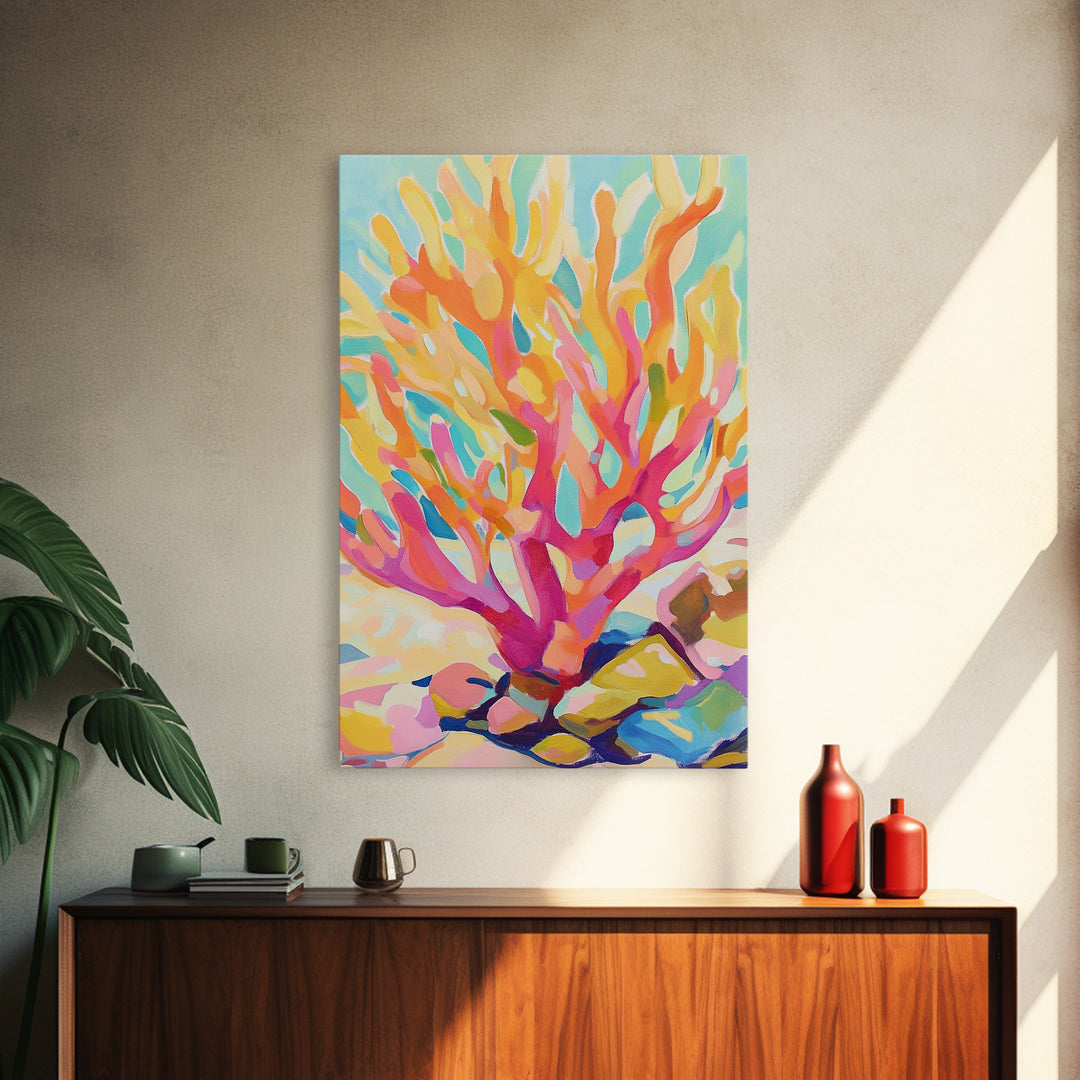Vibrant Coral Reef In Pink And Gold Canvas Print, Coastal Wall Art, Ocean Life Decor, Tropical Beach House Art Print Gift