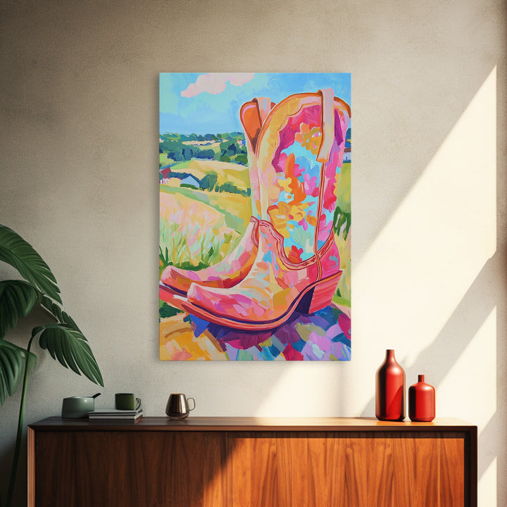 Pink Floral Cowboy Boots Canvas Print, Western Wall Art, Cowgirl Decor, Country Landscape Art Print, Bright Gift For Her