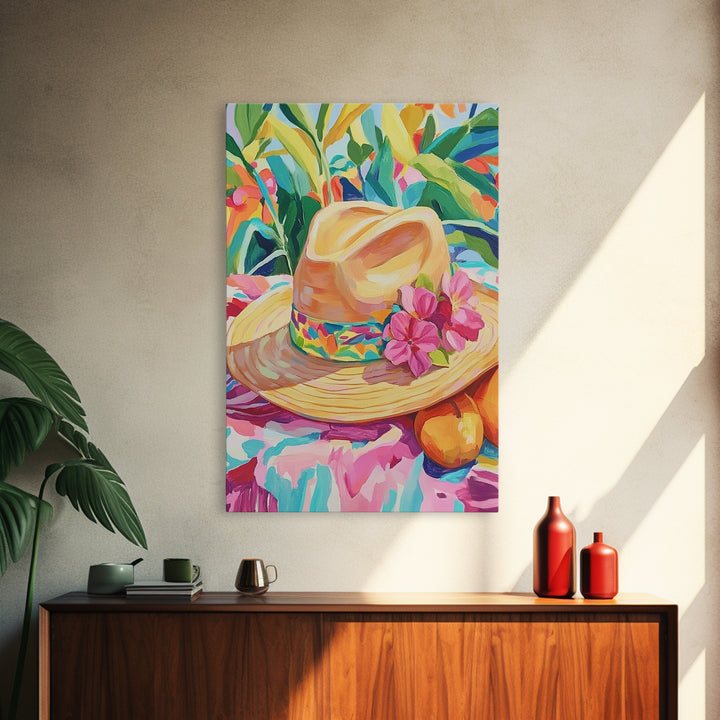 Straw Sun Hat With Pink Flowers Canvas Print, Tropical Wall Art, Coastal Cowgirl Decor, Summer Home Decor Art Gift For Her