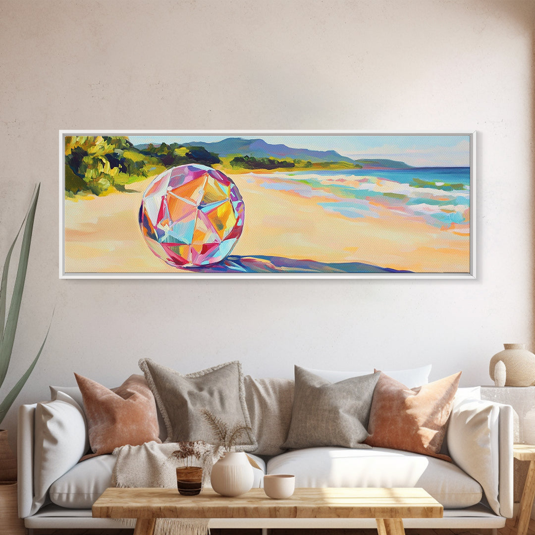 Prismatic Beach Ball On Tropical Shore Canvas Print, Coastal Wall Art, Beach House Decor, Ocean Wall Decor, Summer Vibes