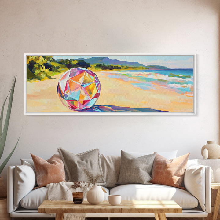 Prismatic Beach Ball On Tropical Shore Canvas Print, Coastal Wall Art, Beach House Decor, Ocean Wall Decor, Summer Vibes