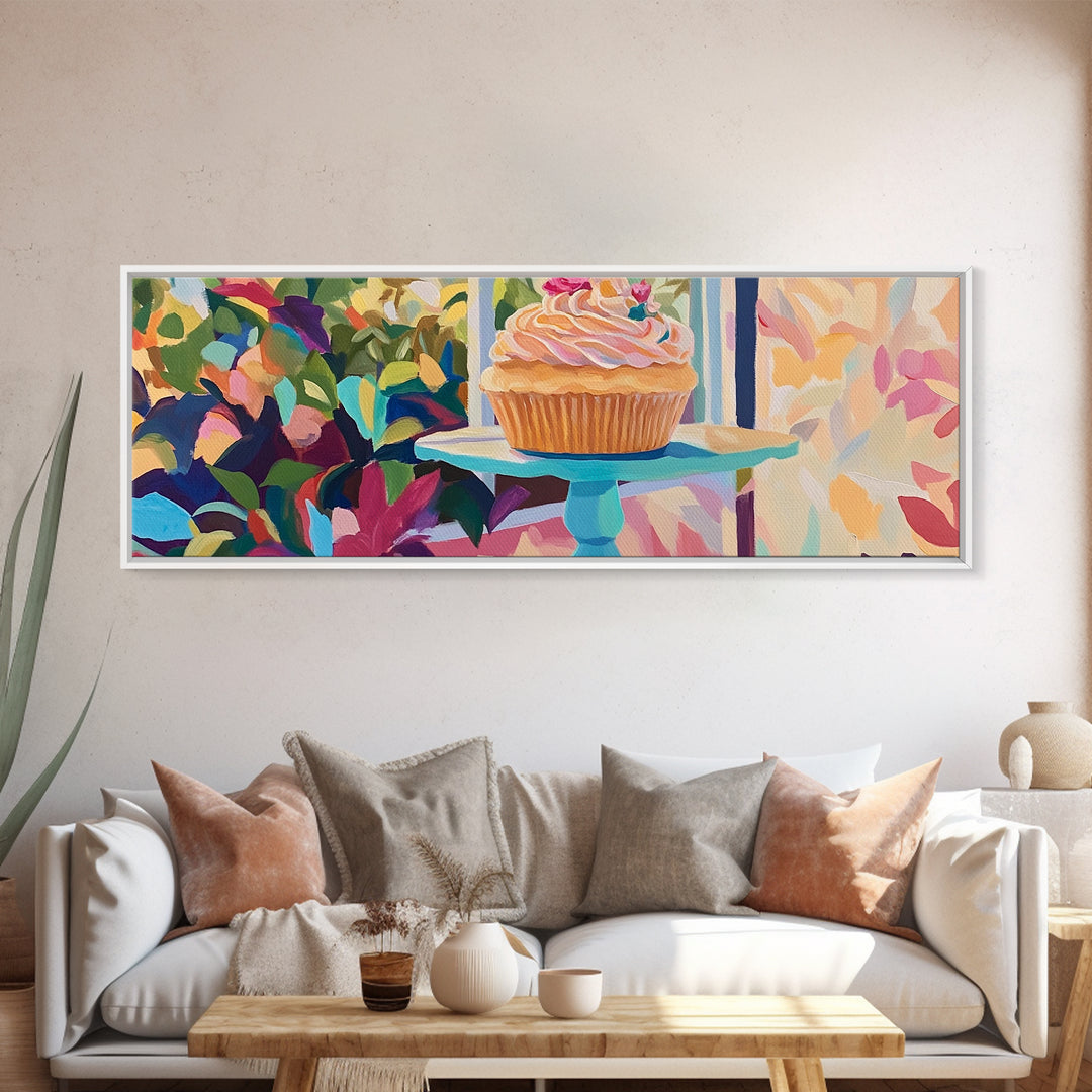 Pink Frosted Cupcake On Cake Stand Canvas Print, Bakery Wall Art, Cute Kitchen Decor, Dessert Art, Gift For Baker, Coffee Shop Decor