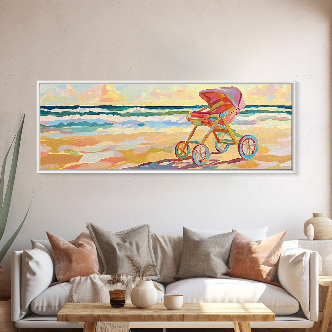 Pink Baby Stroller On Sunny Beach Wall Art, Coastal Nursery Decor, Ocean Canvas Print, Baby Shower Gift For Girl, Beach House Decor