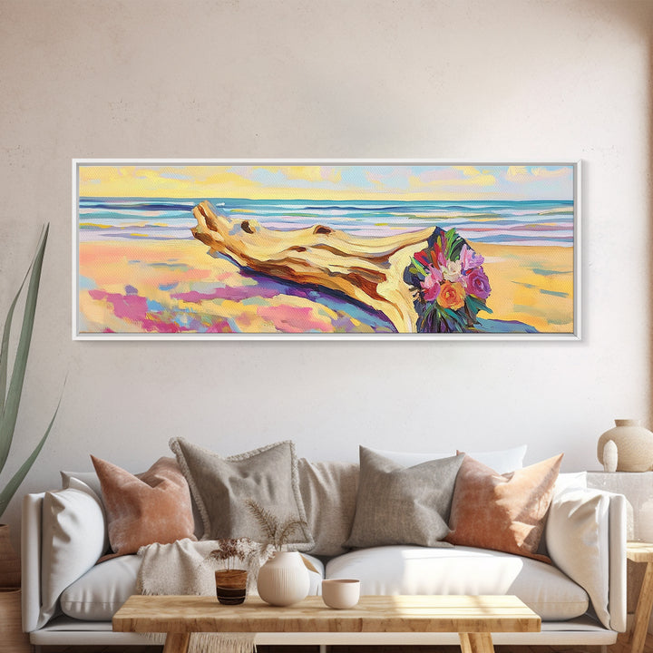 Driftwood Bouquet On Sandy Beach Wall Art, Coastal Canvas Print, Ocean Landscape Decor, Beach House Living Room Wall Decor Gift For Her