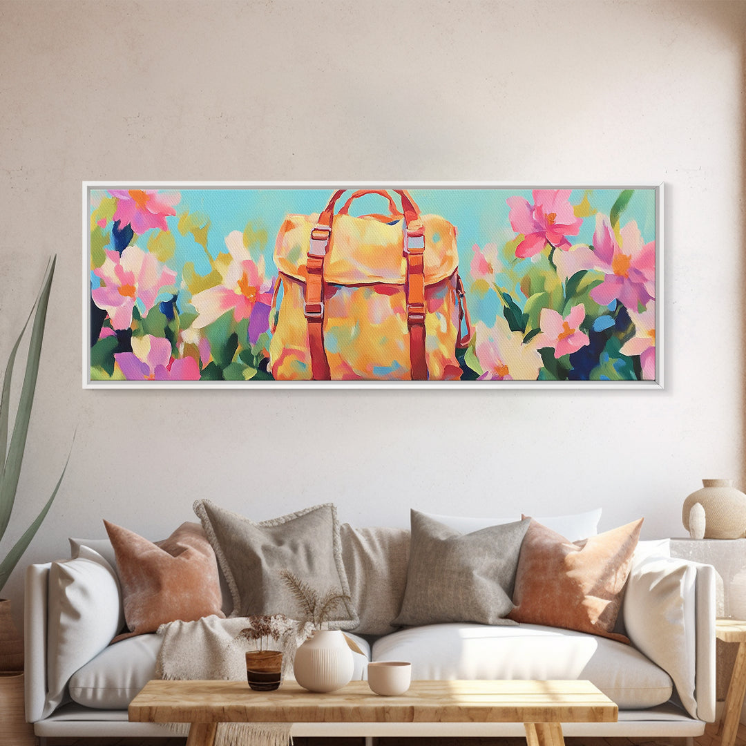 Sunlit Yellow Backpack In Blooming Garden Wall Art, Whimsical Canvas Print For Travel Decor Girls Room Decor And Gift For Her