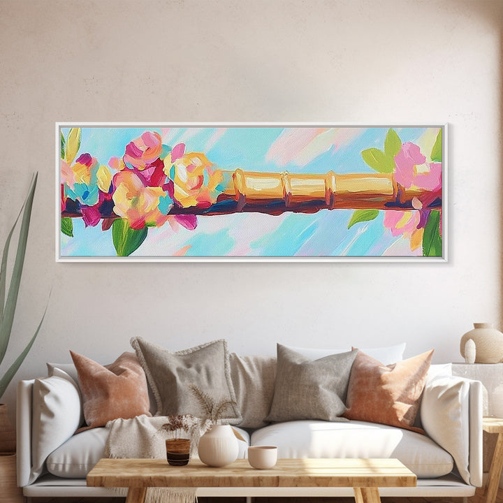Pink Flowers On Gold Bamboo Rod Canvas Print, Feminine Wall Art, Floral Wall Decor, Chinoiserie Inspired Home Decor Gift