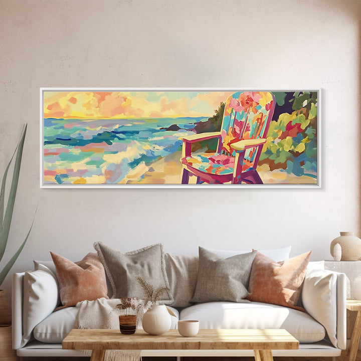 Colorful Beach Chair By Ocean Sunset Wall Art, Coastal Living Room Decor, Beach House Canvas Print, Summer Seascape Gift