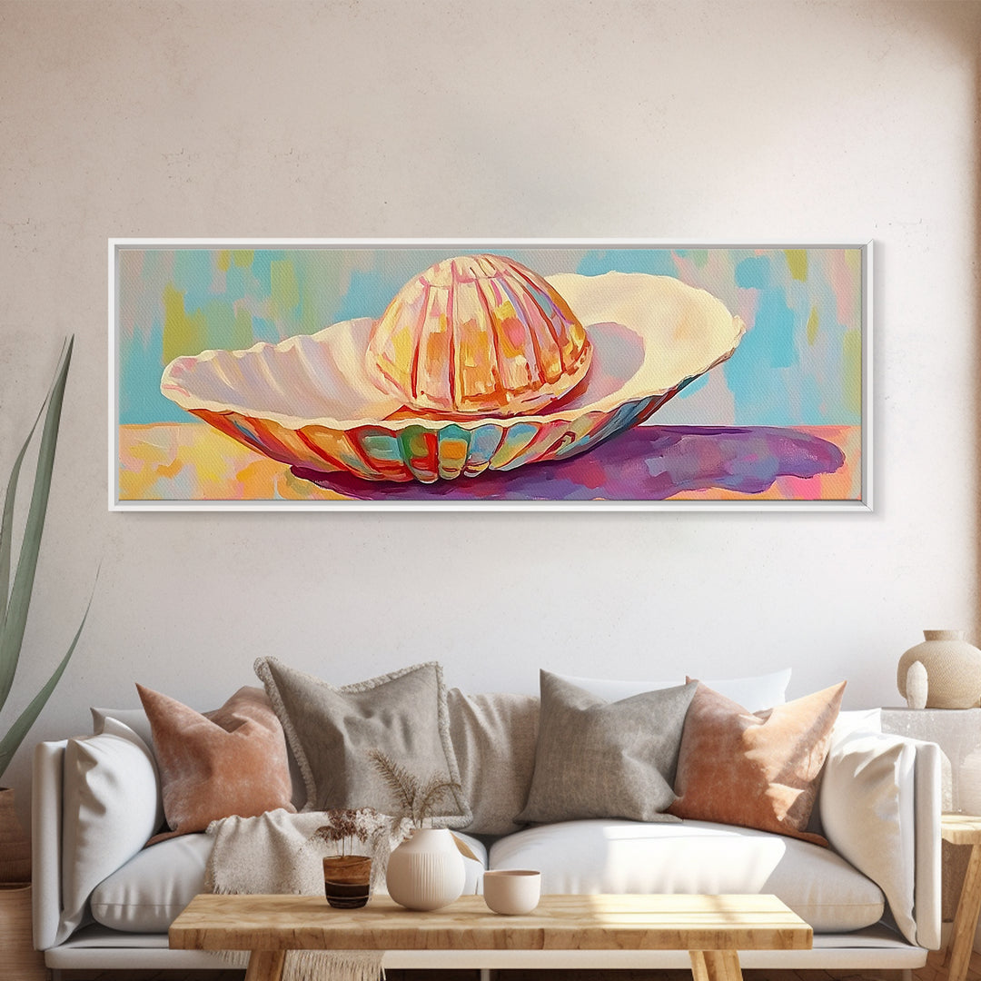 Pastel Seashells On Painted Plate Canvas Print, Coastal Wall Art, Beach House Decor, Ocean Art Print, Bathroom Wall Decor