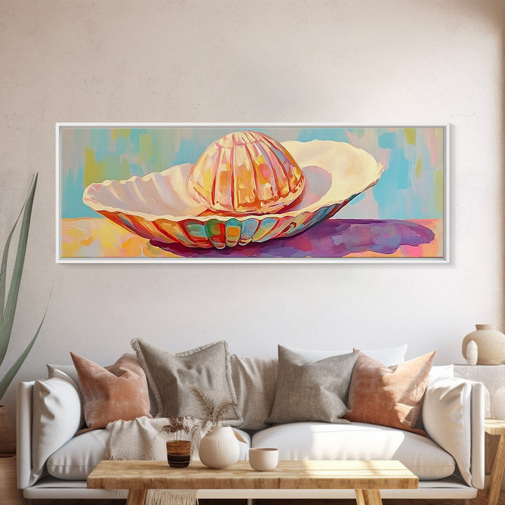 Pastel Seashells On Painted Plate Canvas Print, Coastal Wall Art, Beach House Decor, Ocean Art Print, Bathroom Wall Decor