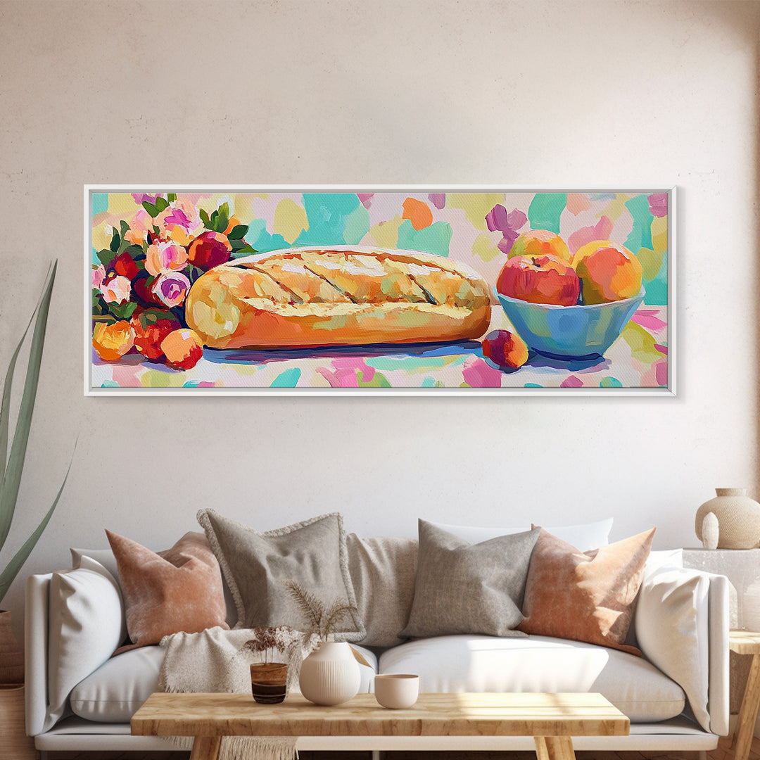 Crusty Bread With Apples And Flowers Wall Art, Rustic Kitchen Decor, Bakery Art Print, Farmhouse Decor, Dining Room Prints