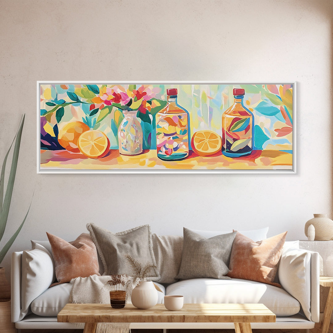 Lemon Bottles And Pink Flowers Framed Canvas Print, Kitchen Wall Art, Colorful Still Life, Modern Dining Room Decor, Housewarming Gift