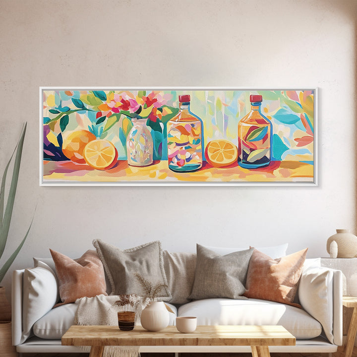 Lemon Bottles And Pink Flowers Framed Canvas Print, Kitchen Wall Art, Colorful Still Life, Modern Dining Room Decor, Housewarming Gift