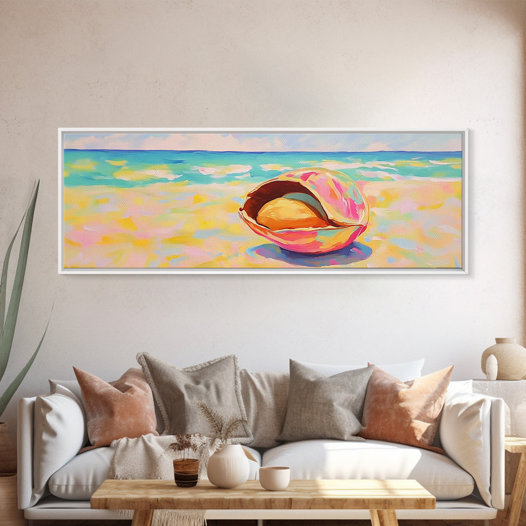 Pink Seashell On Beach Canvas Print, Coastal Wall Art, Ocean Painting, Beach House Decor, Nautical Living Room Print Gift