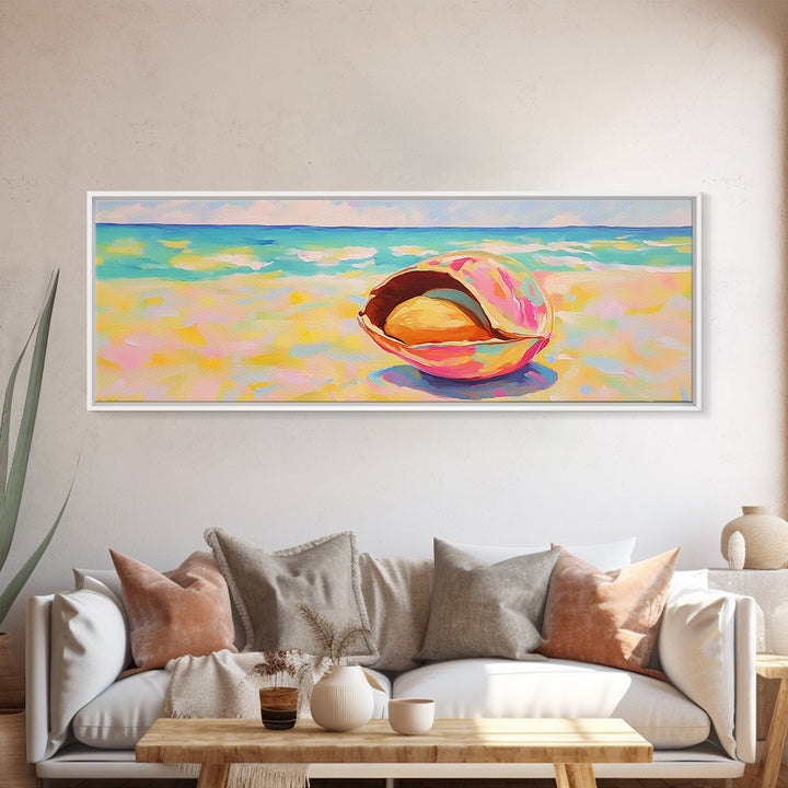 Pink Seashell On Beach Canvas Print, Coastal Wall Art, Ocean Painting, Beach House Decor, Nautical Living Room Print Gift