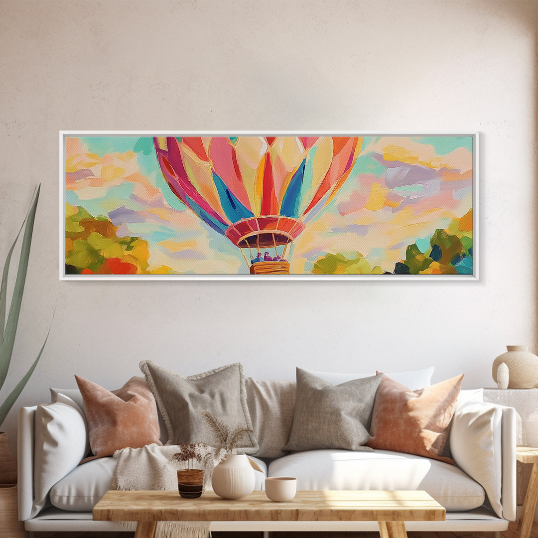 Pastel Hot Air Balloon Wall Art, Whimsical Landscape Painting, Nursery Decor, Kids Room Wall Decor, Framed Canvas Print Gift