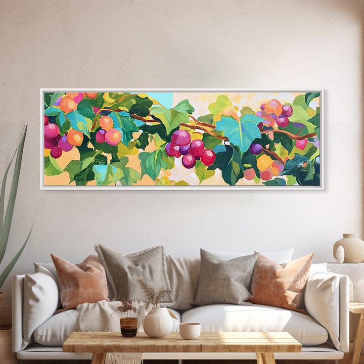Sunlit Grapevine With Purple Grapes Canvas Print, Vineyard Wall Art, Kitchen Decor, Winery Gift, Dining Room Print, Colorful Nature Art