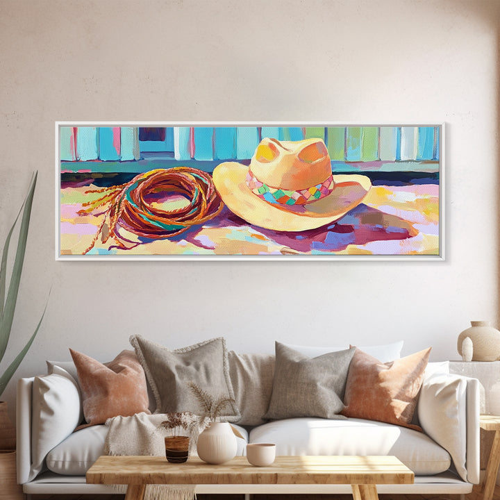 Western Cowboy Hat And Lasso On Sunlit Porch Wall Art, Rustic Western Decor, Farmhouse Canvas Print For Man Cave Home Decor Gift