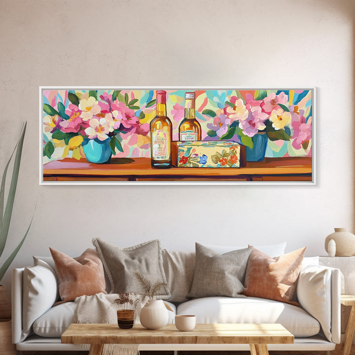 Wine Bottles And Pink Flowers Canvas Print, French Country Kitchen Decor, Winery Wall Art, Dining Room Prints, Gift For Her
